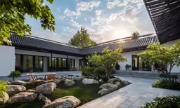 the sun shines brightly on the courtyard and patio