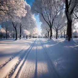 the sun shining down on the snow - covered ground