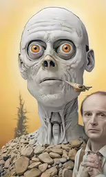 a man is smoking while staring at a big statue