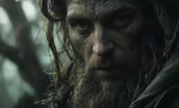 a man with a long beard and black hair standing in the woods