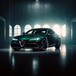 a green car in a darkened room
