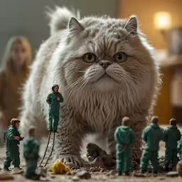 small toy people stand with an enormous cat and figures