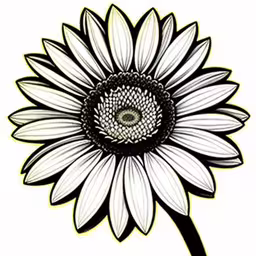 an abstract image of a large flower on white,a drawing of a flower with white petals and black center,a drawing of a large white flower with black center,a large flower on a white background,a black and white flower that is on a white background
