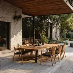an outdoor dining area with wooden furniture and stone walls