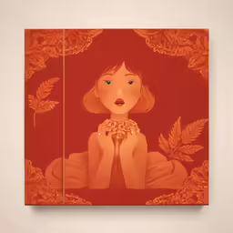 a painting is featured in an orange and red background