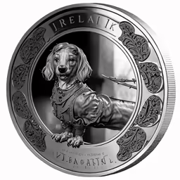 a silver coin with a dog in it
