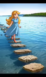 anime image showing girl walking across the water, stepping stones to the edge