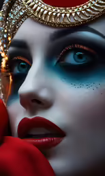 a lady in costume wearing red gloves and makeup