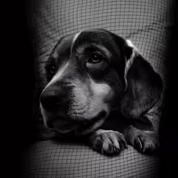 black and white photograph of dog laying on a couch