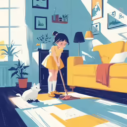 a girl is using a mop on the floor
