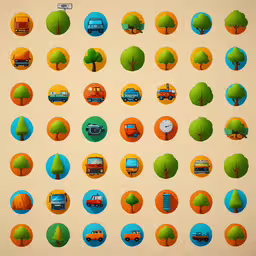 the tree and vehicle icons have been created to look like they are designed in different colors,there are many things on this picture, including trees, buildings and vehicles