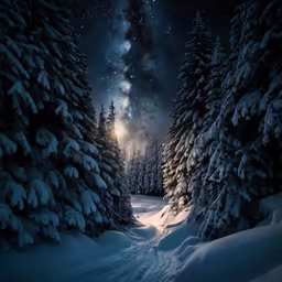 snow covered trees in a snowy pine forest under the night sky