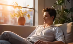 the girl is sitting on the sofa looking to her right
