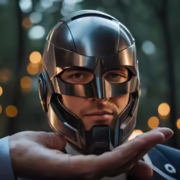 man in helmet holding his hand out in front of him