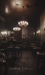 a dim restaurant with chandelier and chairs, but not very visible in the area
