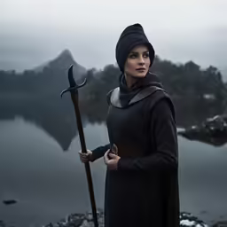 a woman with an ice sword standing on some rocks