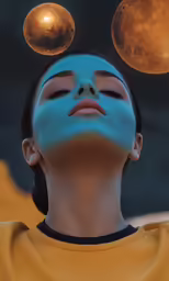 a woman has her face glowing and some circles are floating above