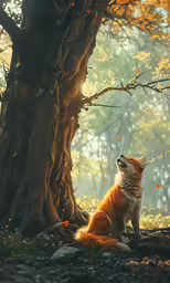 the fox is sitting under the tree and gazing