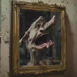 a close up of a stuffed animal head in a mirror