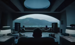 a person sitting on a sofa in a dark room with mountains visible