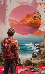 a man looking at a painting that appears to be being done