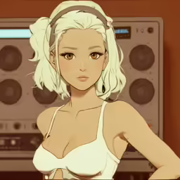 a anime picture with a woman with white hair wearing headphones in front of sound equipment