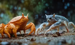 three plastic animals sitting on the ground in a forest