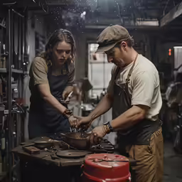 man and woman in an industrial style kitchen cooking some food