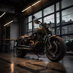 a motorcycle parked outside of a restaurant next to a table