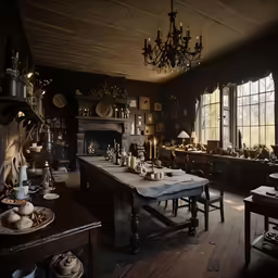 a large dining room with a long table