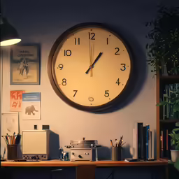 a large clock sits on the wall above a desk with other office supplies