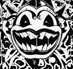 an black and white drawing with a scary face,a black and white image of an evil pumpkin face