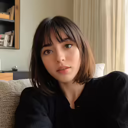 a woman is sitting on a couch looking at the camera