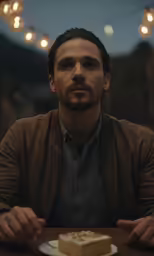 a man sitting at a table in front of a cake