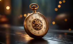 a gold clock on a table, surrounded by festive lights