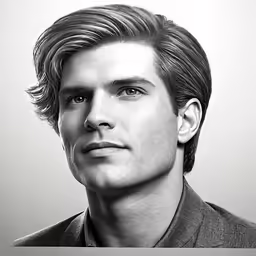 black and white portrait photograph of man looking to his right