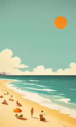 a painting with people and an orange frisbee on the beach