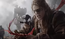 a woman is looking at a camera in a creepy scene
