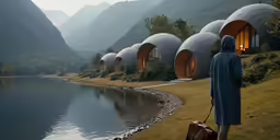 the person in the raincoat is holding luggage near the water