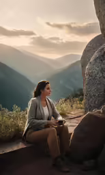 a woman sits on the edge of a cliff and looks into the sky