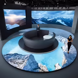 people are seen on big tvs in a museum