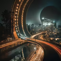 an aerial view of highway and city at night