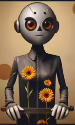 an art work that resembles a robot standing next to two sunflowers