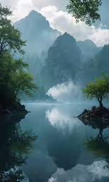 this is an image of some mountains and water