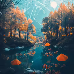 two orange umbrellas sitting on the shore of a river