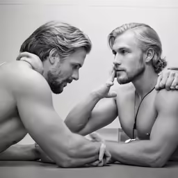 two men sitting next to each other one man is touching his nose and talking
