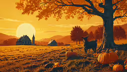 a painting of a farm with pumpkins and a farmhouse at sunset,this is a beautiful scene with pumpkins, and a horse