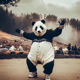 a panda mascot in all black and white poses in front of people