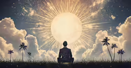 a person sits under a star burst over the sky