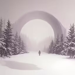 a person walking away from some tall trees in the snow